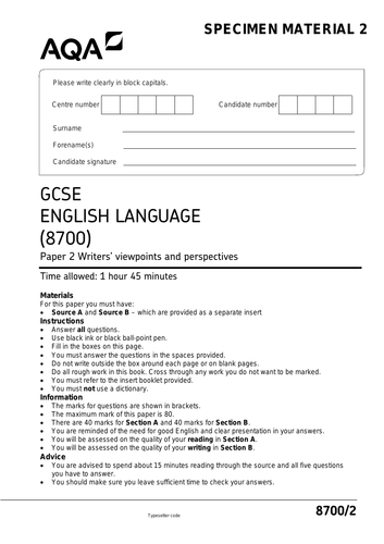 GCSE ENGLISH LANGUAGE PAPER 1 AND 2 PRACTICE QUESTIONS | Teaching Resources