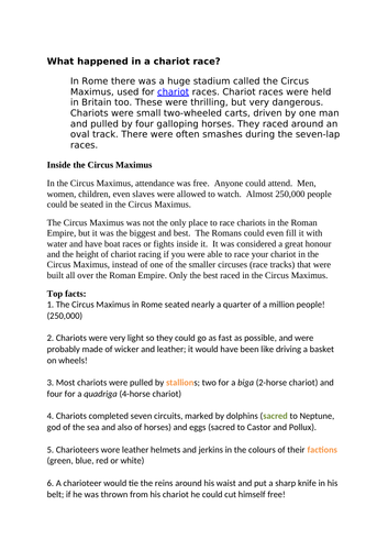 Roman Chariot Racing Multiple Choice Reading Comprehension