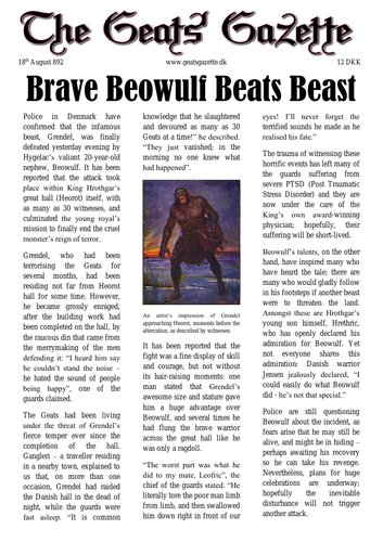 Year 6 Collection of Modelled Newspaper Report Examples BEOWULF ...