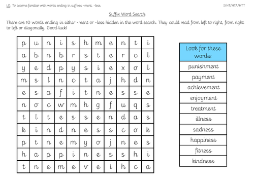 Year 2 Suffixes 'NESS' & 'MENT' Wordsearch, Worksheets and Activity