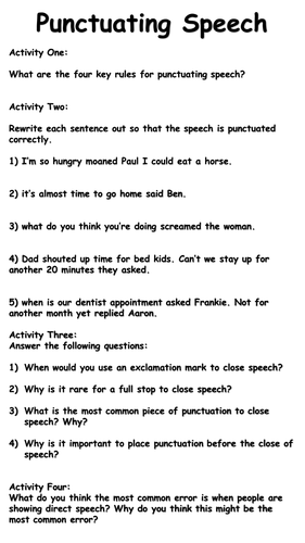 direct speech punctuation worksheet pdf