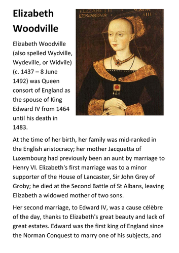 Elizabeth Woodville Handout Teaching Resources