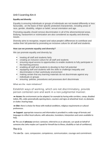 Unit 5, Meeting Individual Care and Support Needs