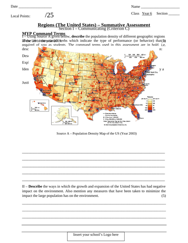 IB MYP Geography Summative Assessment - Regions (The United States)