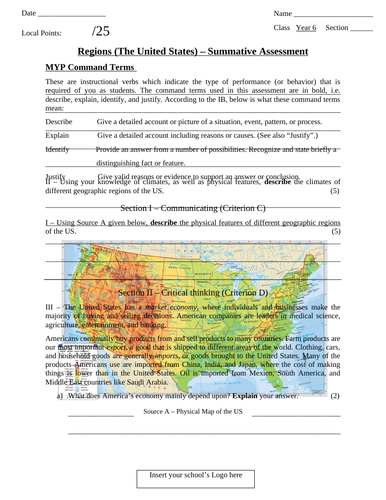 IB MYP Geography Summative Assessment - Regions (The United States)