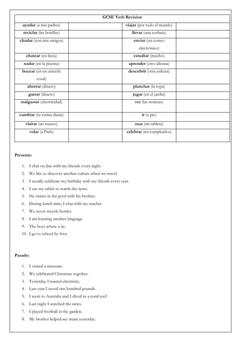 Spanish verbs tenses practice: present, past, future, imperfect, conditional