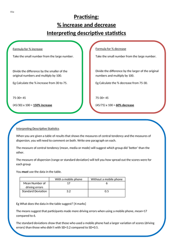 Percentage Increase/Decrease AND Interpreting Tables of Descriptive Stats for A Level Psychology