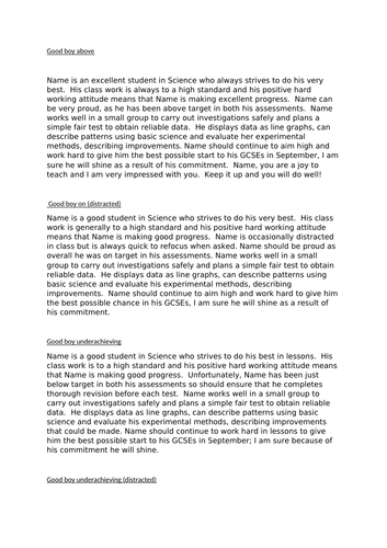 Exemplar Science full written reports