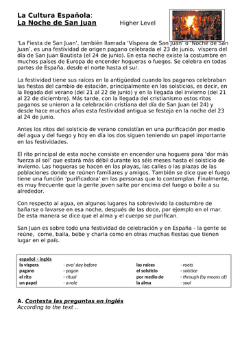 As Gcse Spanish Reading On La Noche De San Juan - 