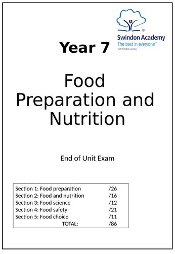 Food Exam Test yr7 Yr8 Cooking Catering With Answers