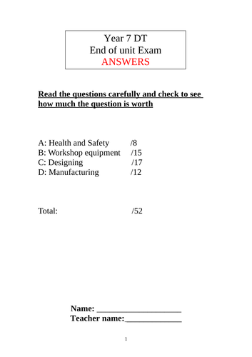 Yr 7 RM DT Exam Test paper with Answers resistant Materials