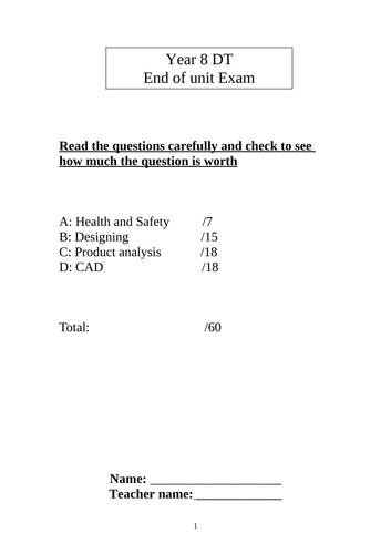 Yr 8 RM Exam Test Paper with Answers Resistant Materials