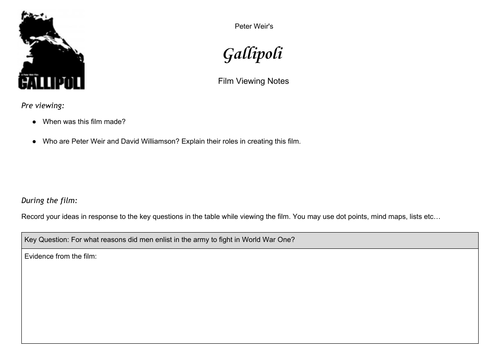 Gallipoli - Film Viewing Notes Worksheet