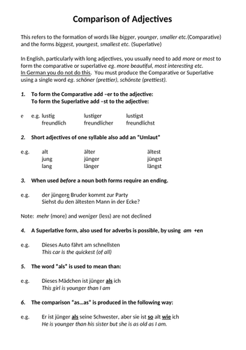 German Reference Sheet and Examples - Comparison of Adjectives