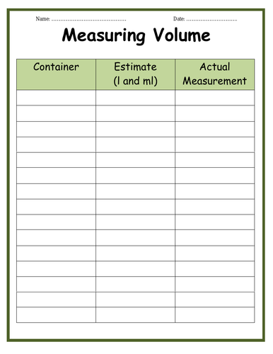 Measuring VOLUME - Record Sheet