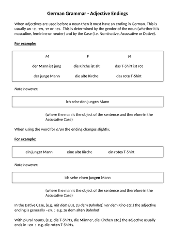 German Reference Sheet and Examples - Adjective Endings