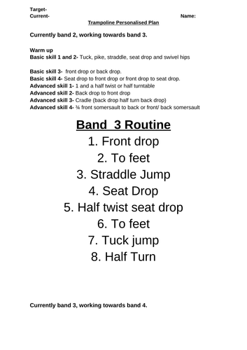 Trampoline GCSE Skills and routines for each band