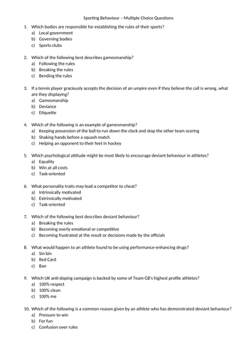 Multiple Choice Questions and Answers for GCSE PE Edexcel (component 2)