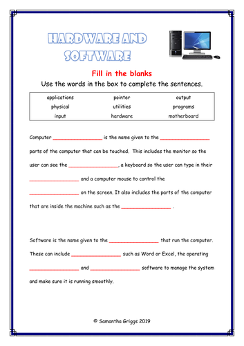 Yr 7 Hardware And Software Fill In The Blanks