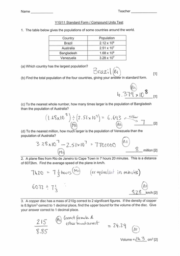 IGCSE Standard Form / Compount Units Test by askailes | Teaching Resources