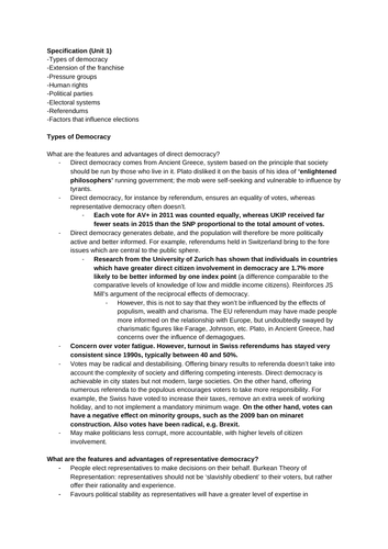 Unit 1 Notes for A-Level Government and Politics (Edexcel) - 2017 Specification