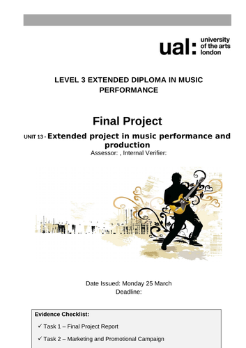 UAL UNIT 13 - Level 3  Music  - Extended Project Brief