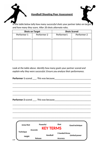 Handball shooting Peer assessment sheet