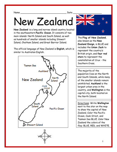 NEW ZEALAND - Printable handout with map and flag