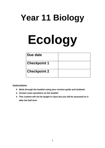 B7 Ecology 'Teach yourself' Activity booklet