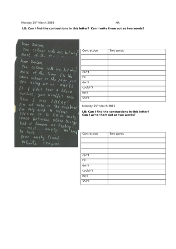 The Day the Crayons Quit-identifying contractions