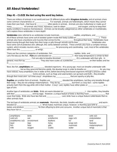 All About Vertebrates - CLOZE Reading Assignment, Reflection and Crossword