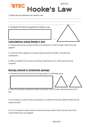 BTEC Applied Science Unit 5 Physics Hooke's Law Worksheet with