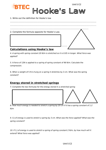BTEC Applied Science Unit 5 Physics Hooke's Law Worksheet with Solutions