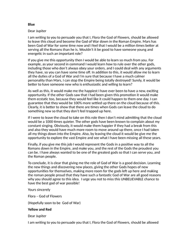 WAGOLL Persuasion letter reading comprehension based on Roman Gods