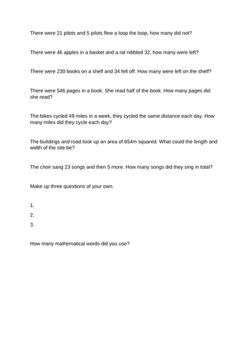 Mix of maths word questions for KS1 or KS2