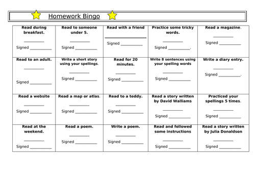 English/Reading Bingo - Homework year 1/2/3