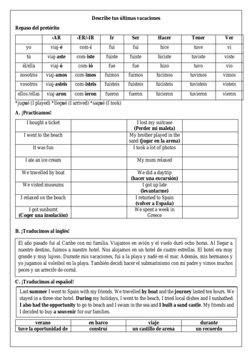 Spanish GCSE las vacaciones: holidays in the past tense (preterite verbs and translation practice)