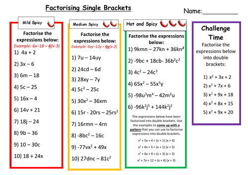 Factorising Single Brackets Differentiated Worksheet with Answers