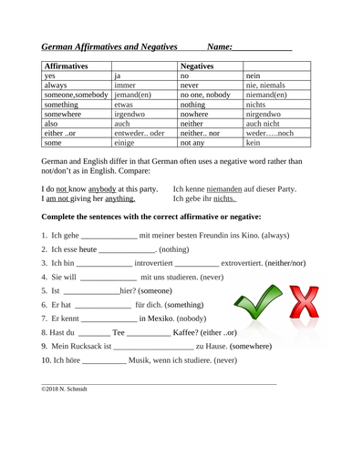 German Negatives and Affirmatives Handout / Worksheet