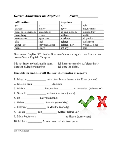 German Negatives and Affirmatives Handout / Worksheet
