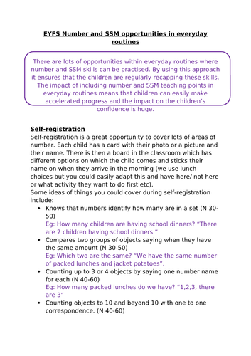 EYFS Number and SSM opportunities in everyday routines