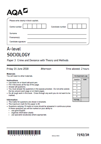 AQA Sociology Crime & Deviance 2018 & Marking Aid