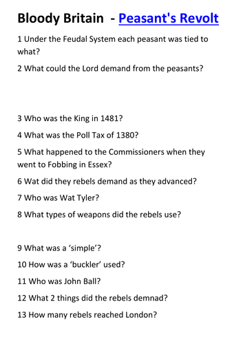 Bloody Britain  - Peasant's Revolt Video Student Questions