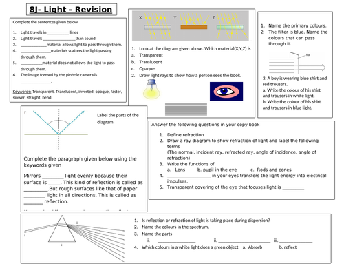 ks3 light worksheet