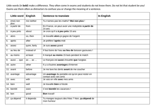 AQA little words and faux amis