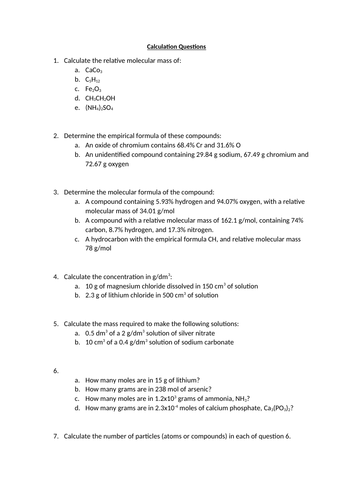 Chemical calculation questions - mixed