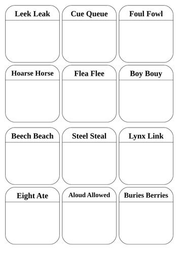 Homophones- Taboo Cards