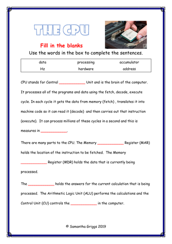Yr 8 The CPU  Fill In The Blanks