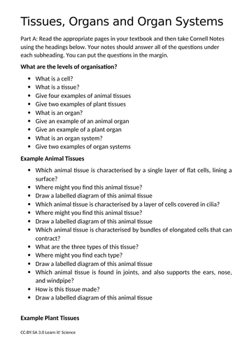 OCR A - Tissues, Organs and Organ Systems