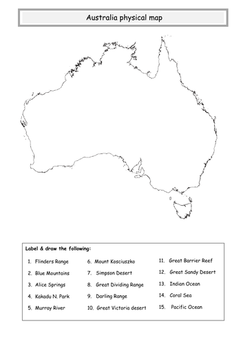 Australia Physical Map Outline Australia Physical Map ** | Teaching Resources